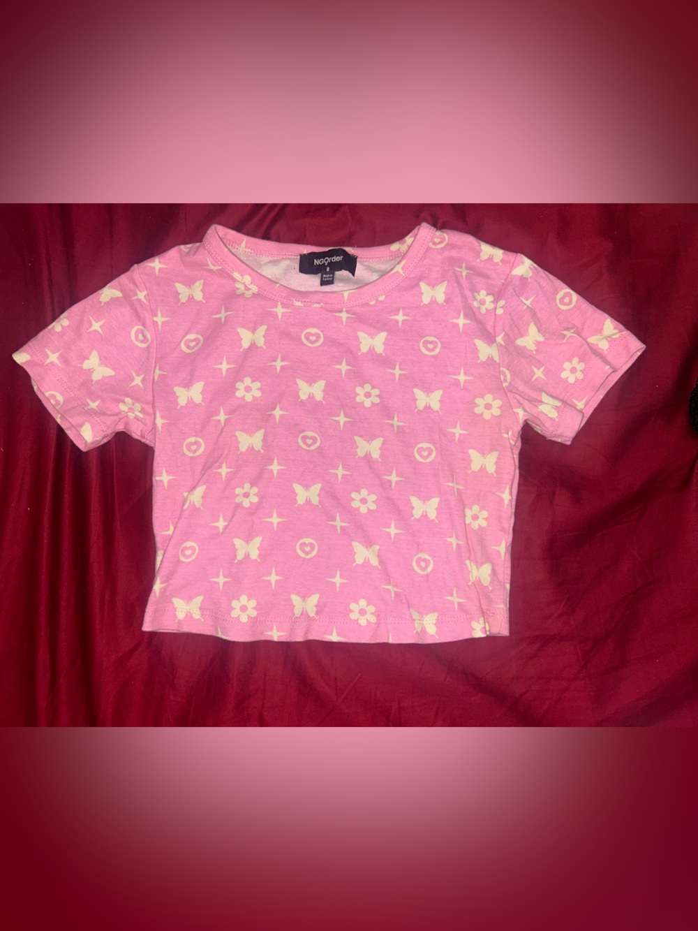 Dolls Kill Pink Crop Top with Monogrammed Butterfly & Flower Print